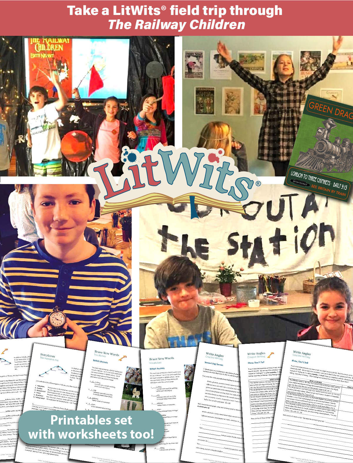 Images of kids having fun "doing" a great book, using LitWits creative teaching ideas and printables.