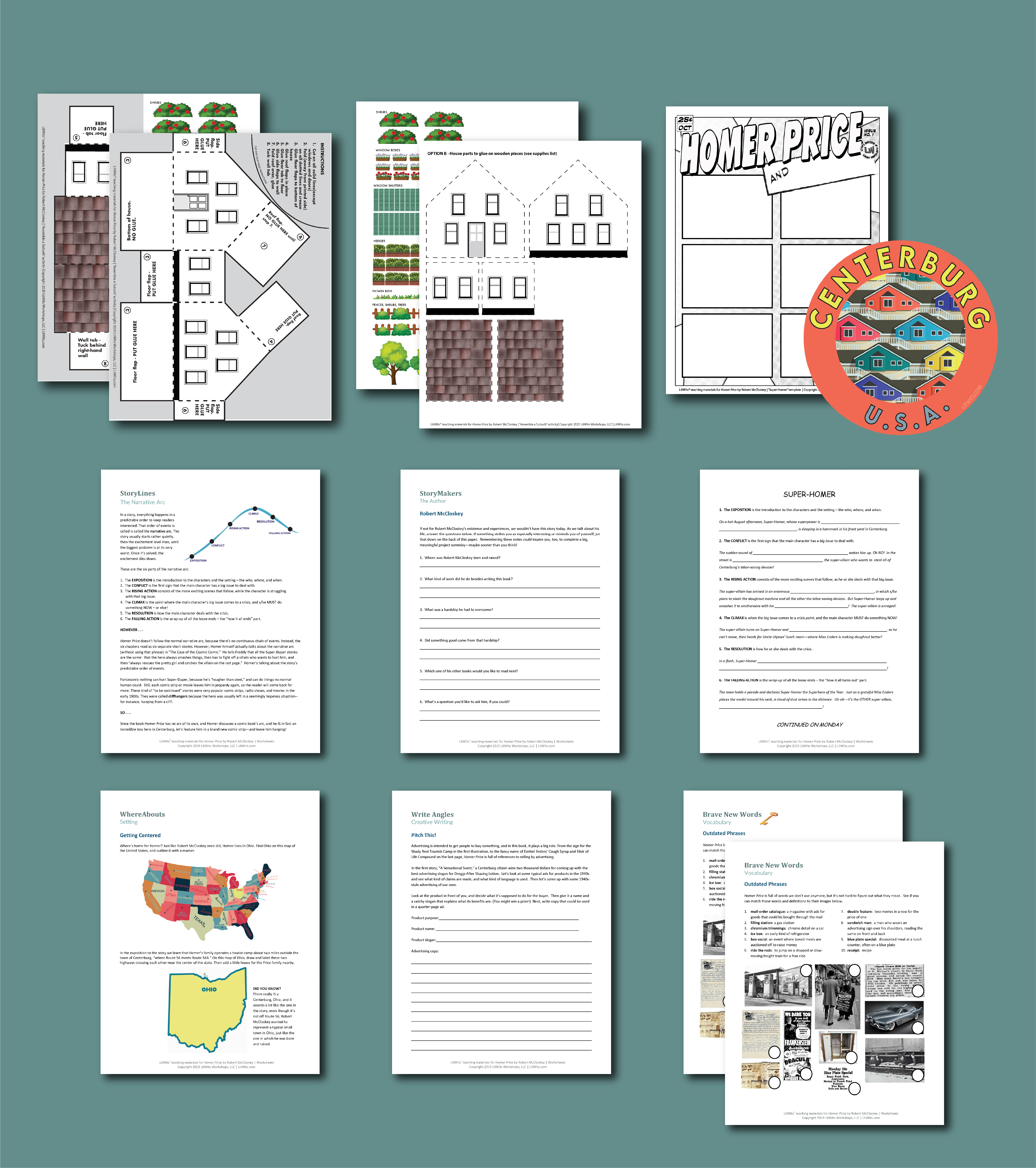 Preview of worksheets and project printables for teaching HOMER PRICE by Robert McCloskey