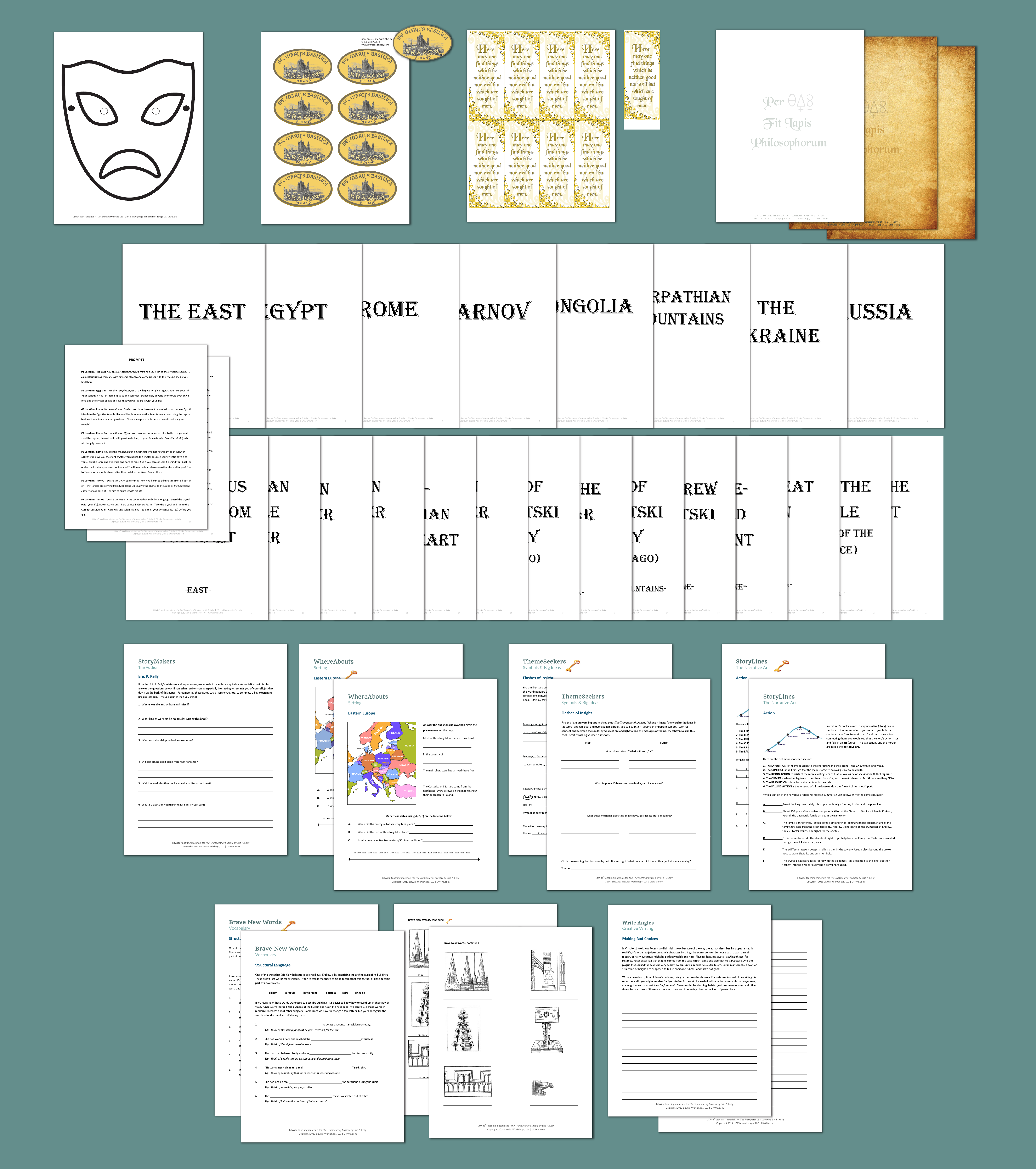 Preview of worksheets and project printables for teaching LitWits creative teaching idea for THE TRUMPETER OF KRAKOW by Eric P. Kelly 