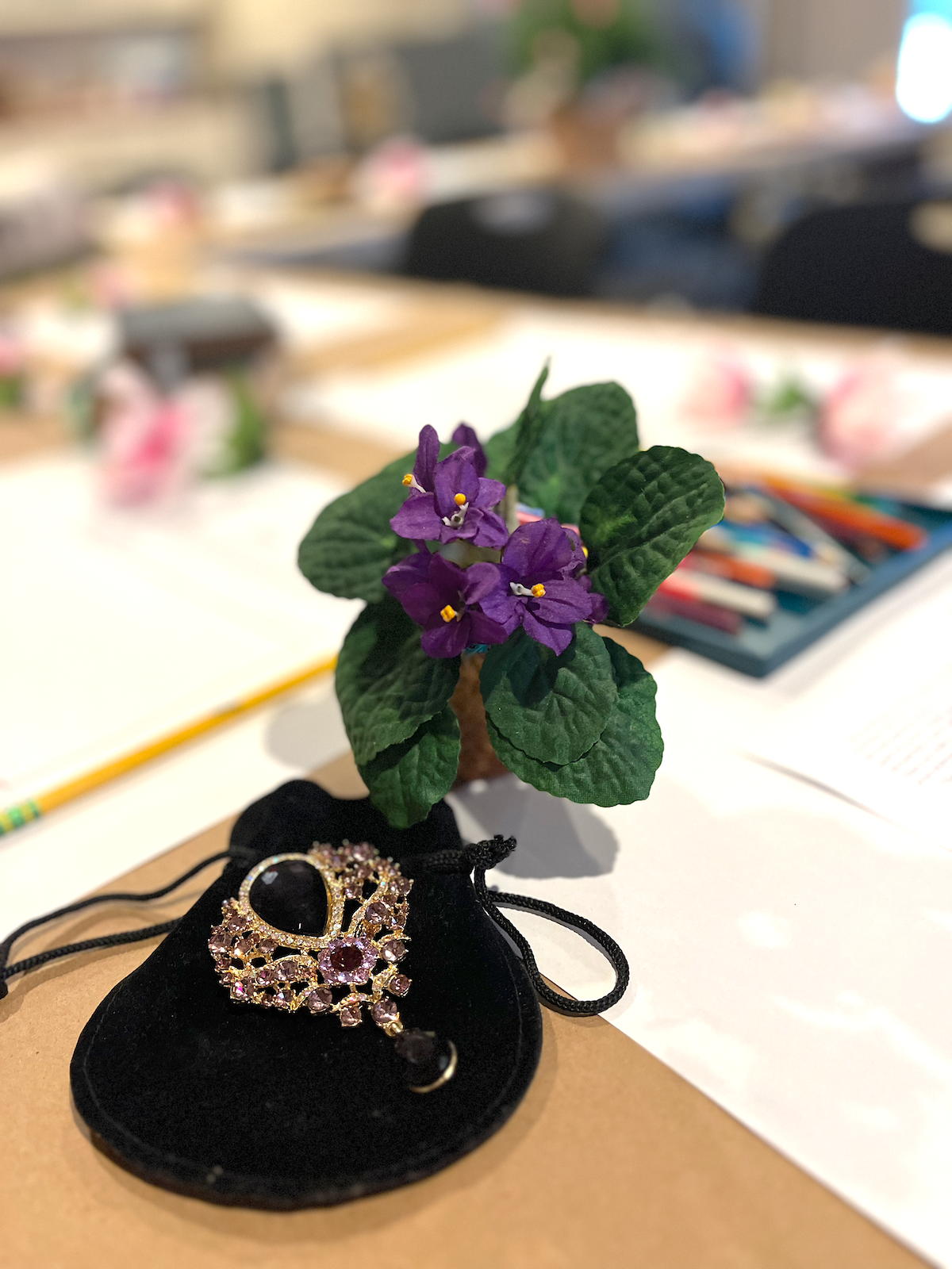 An amethyst brooch and violets - story props  - LitWits Workshops creative activities projects and worksheets 