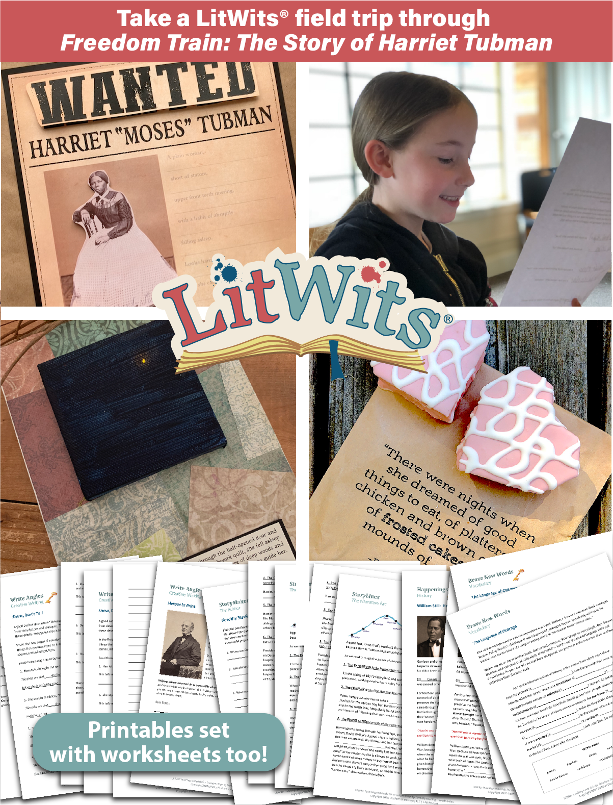Images of kids engaged with a great book, using LitWits creative teaching ideas and printables.