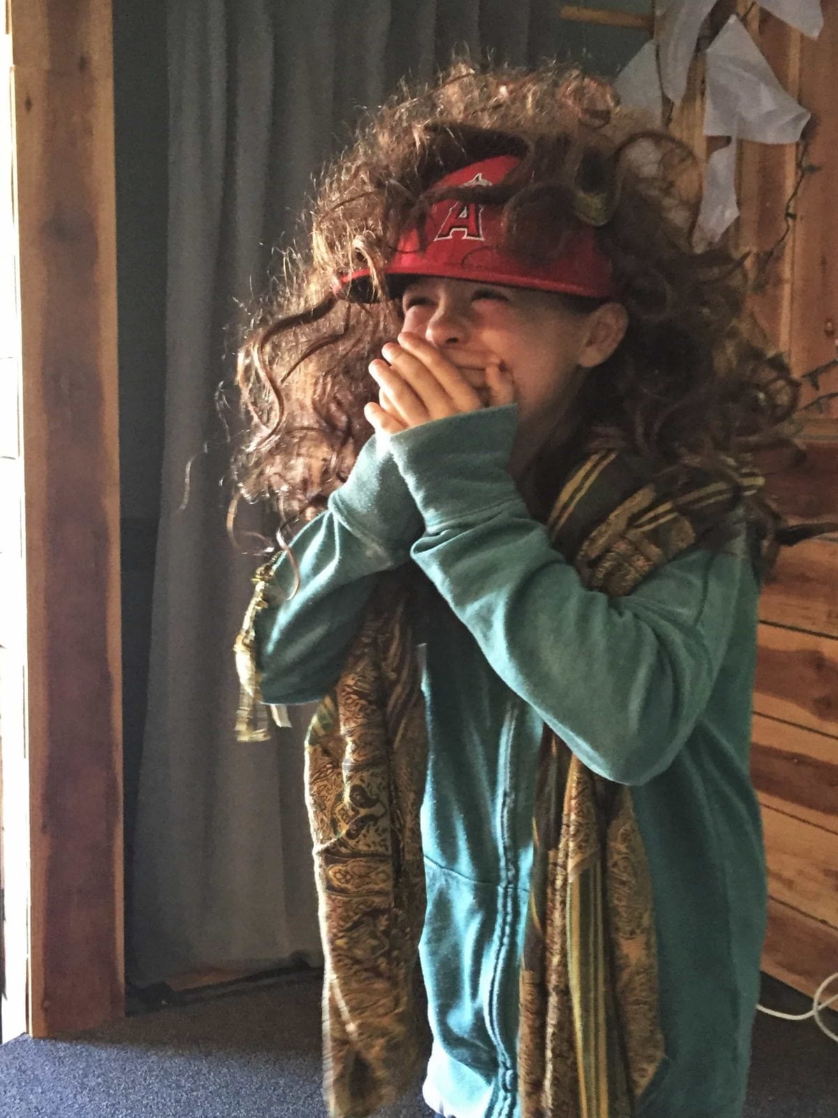 A child dressed as Mrs. Lynde and acting as she would if displaced to a new modern setting, per a prompt - a creative teaching idea for ANNE OF GREEN GABLES by L.M. Montgomery - from LitWits Workshops