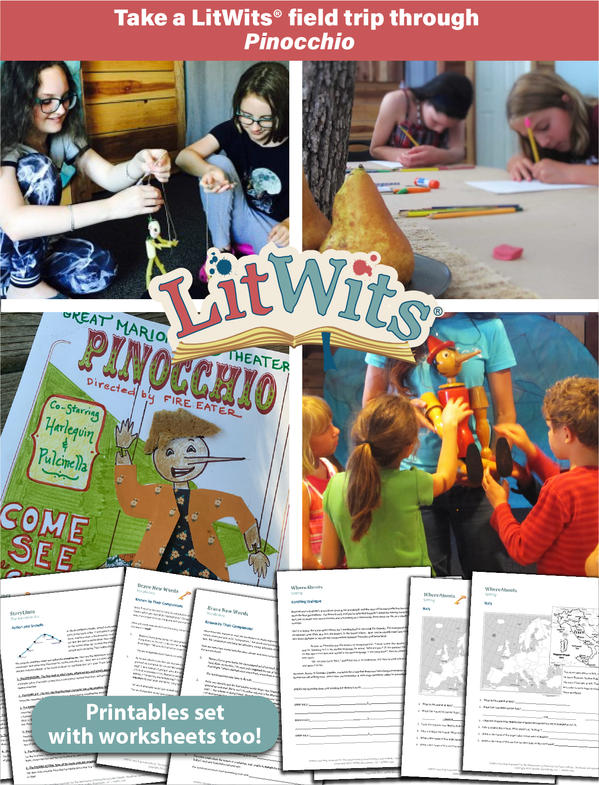 Images of kids having fun "doing" a great book, using LitWits creative teaching ideas and printables.