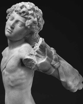 "The Young Archer," a marble statue of a young boy, thought to be carved by Michelangelo as a teen. Analyzing this statue is  part of a LitWits activity idea for teaching FROM THE MIXED-UP FILES OF MRS. BASIL E. FRANKWEILER by E.L. Konigsburg