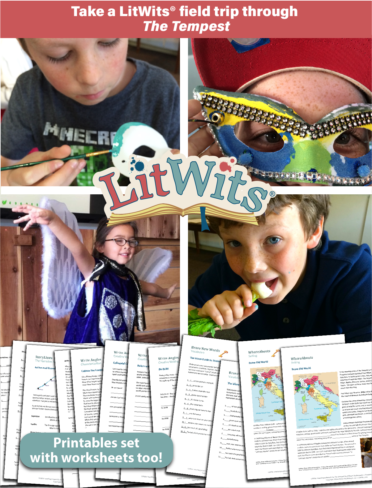 Images of kids having fun "doing" a great book, using LitWits creative teaching ideas and printables.